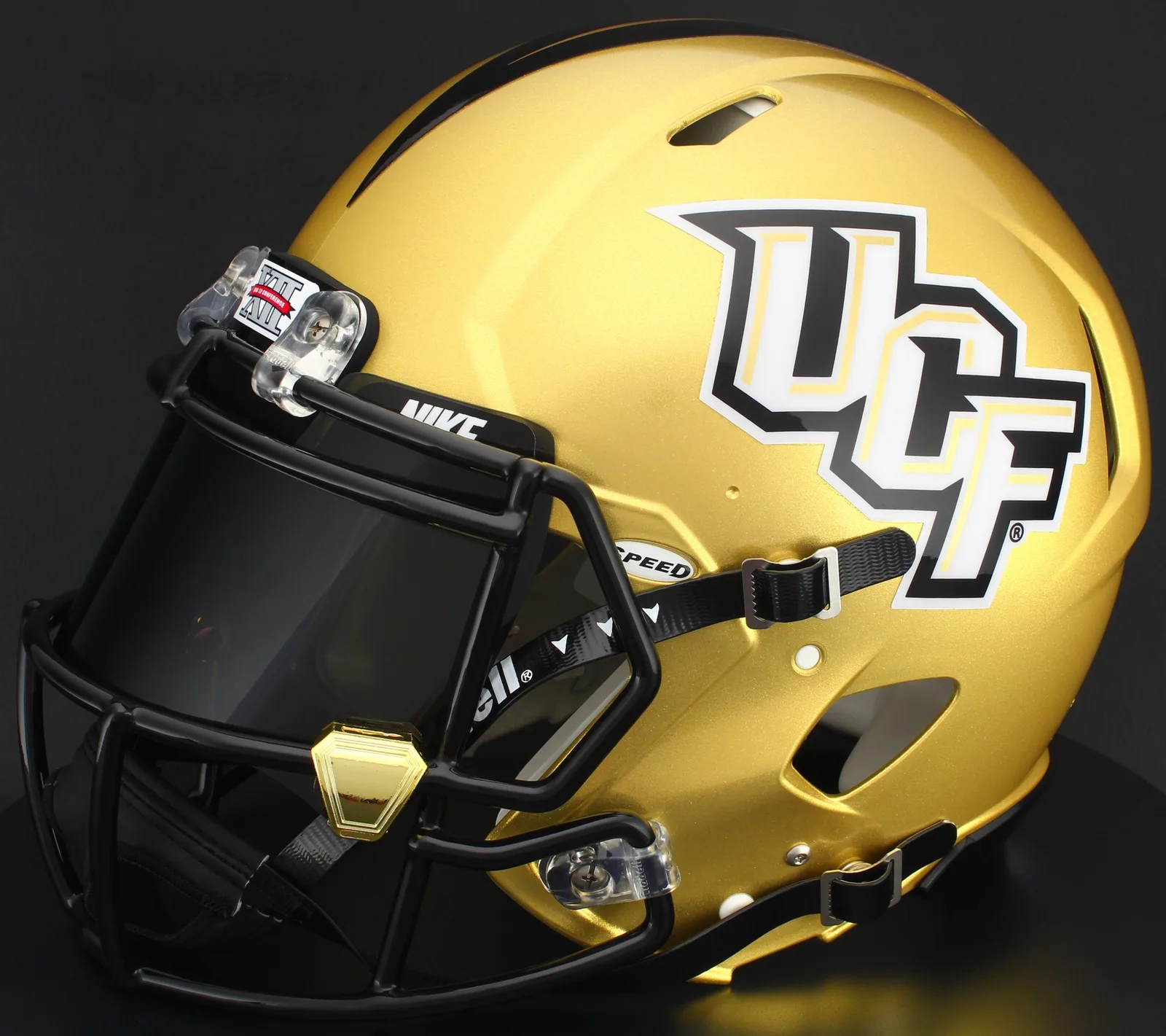 UCF Knights Riddell Authentic Speed Football Helmet – Ucf Gold, Black Factory Mask, Nike Black Visor, Black Brow Tabs, and Gold Chrome Clips
