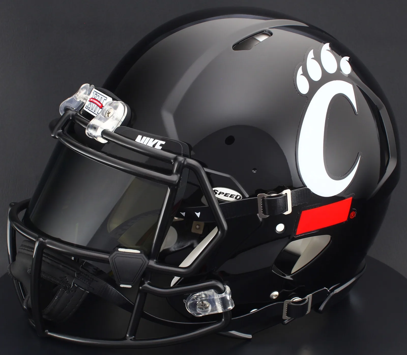 Cincinnati Bearcats Riddell Authentic Speed Football Helmet – Black C Paw, Black Factory Mask, Nike Black Visor, Black Brow Tabs, and Black Clips