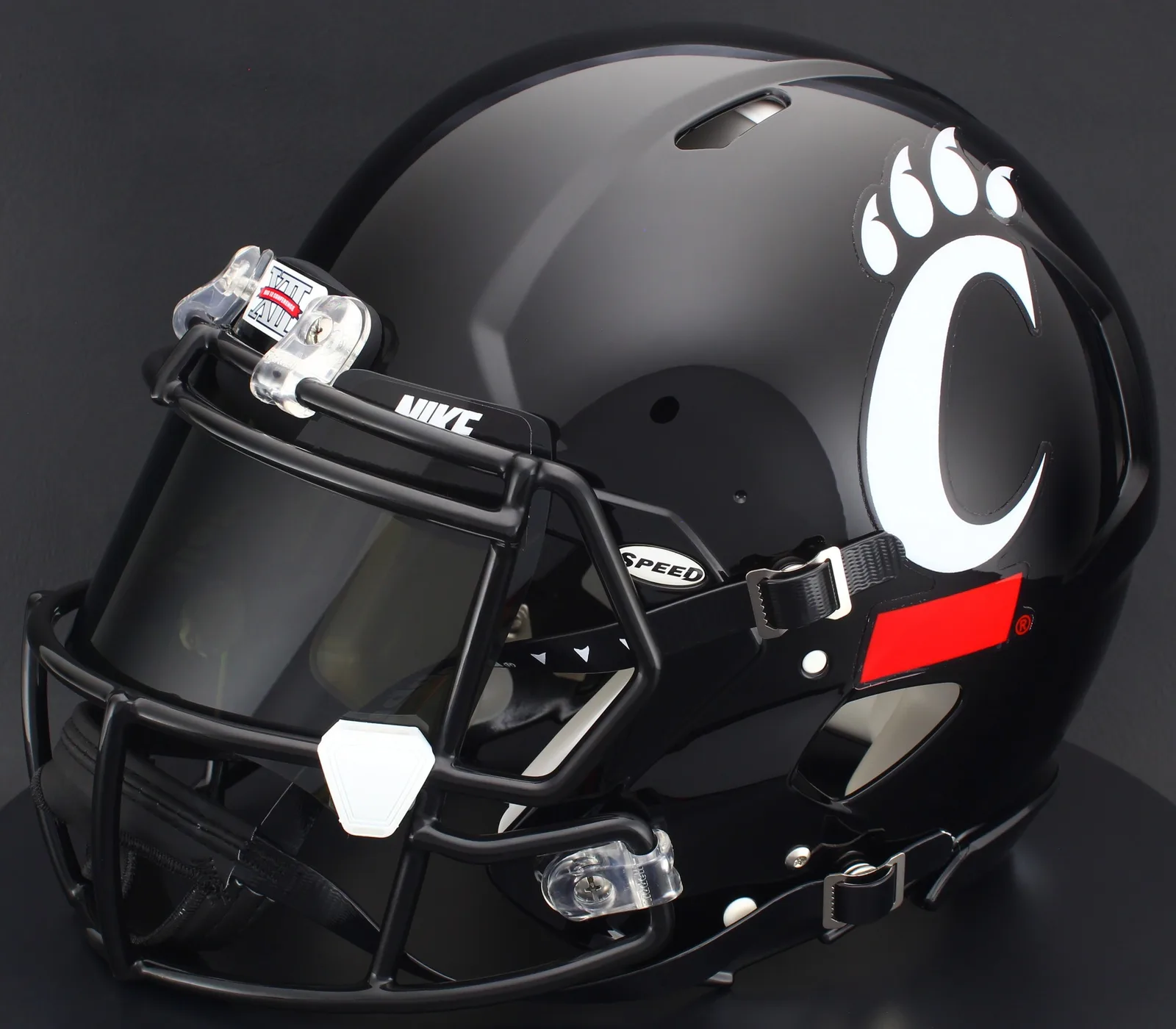 Cincinnati Bearcats Riddell Authentic Speed Football Helmet – Black C Paw, Black Factory Mask, Nike Black Visor, Black Brow Tabs, and White Clips