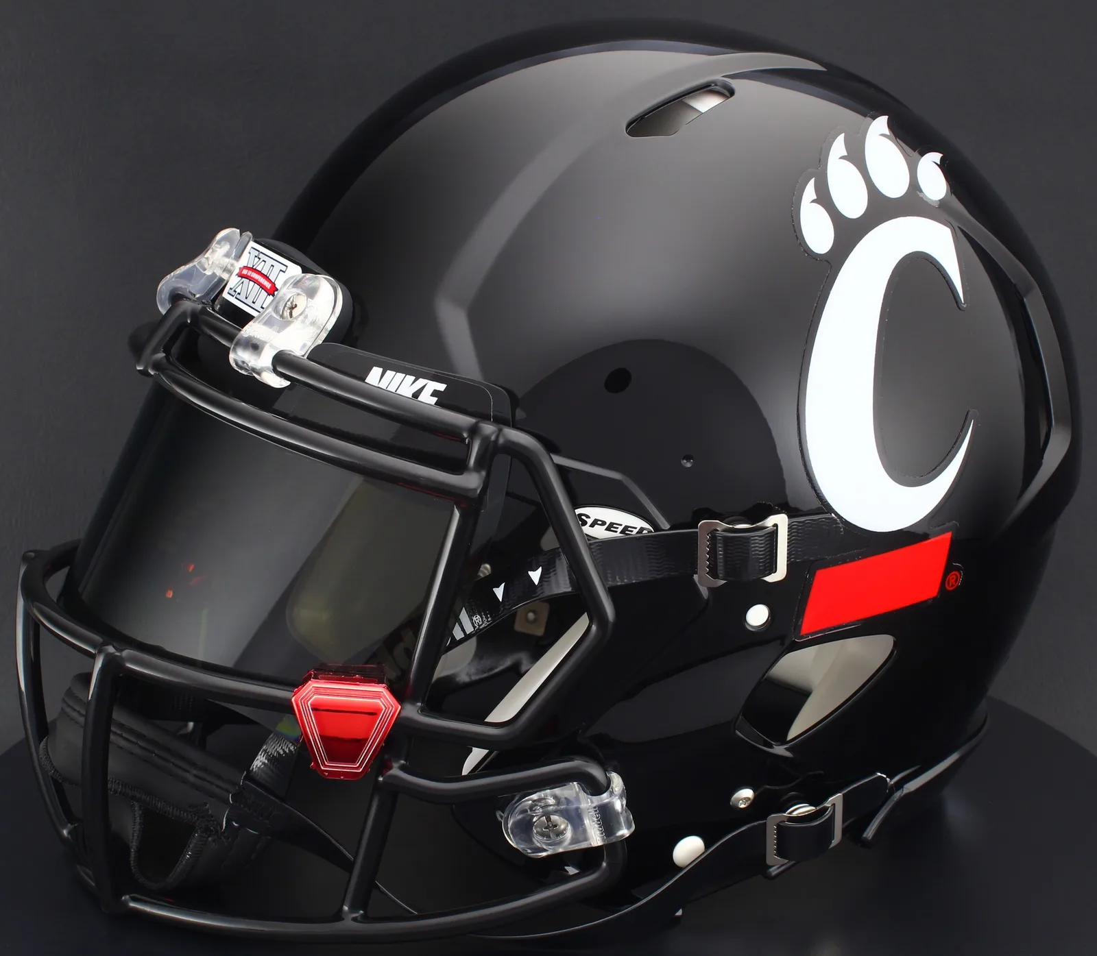 Cincinnati Bearcats Riddell Authentic Speed Football Helmet – Black C Paw, Black Factory Mask, Nike Black Visor, Black Brow Tabs, and Red Chrome Clips