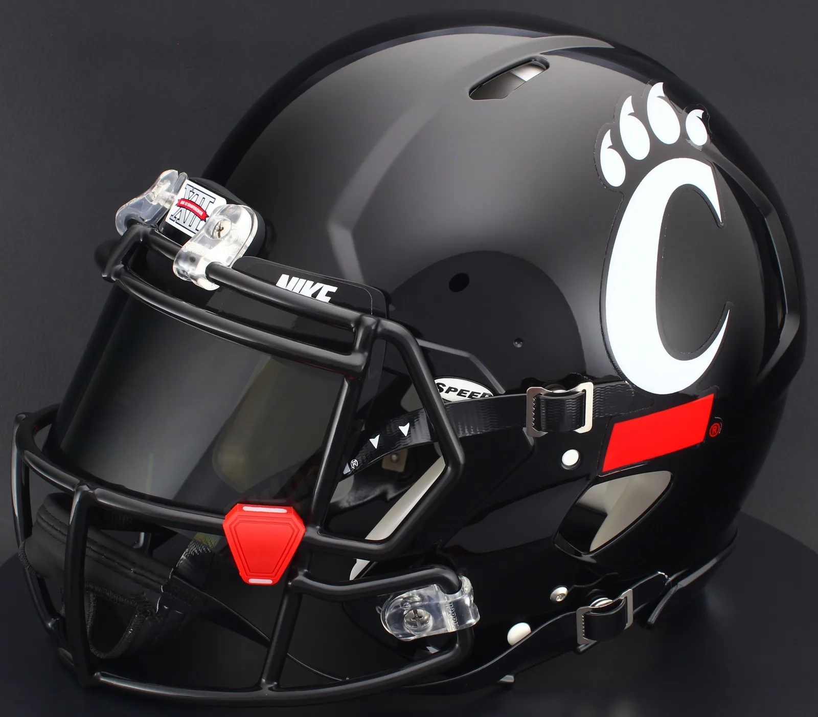 Cincinnati Bearcats Riddell Authentic Speed Football Helmet – Black C Paw, Black Factory Mask, Nike Black Visor, Black Brow Tabs, and Red Clips