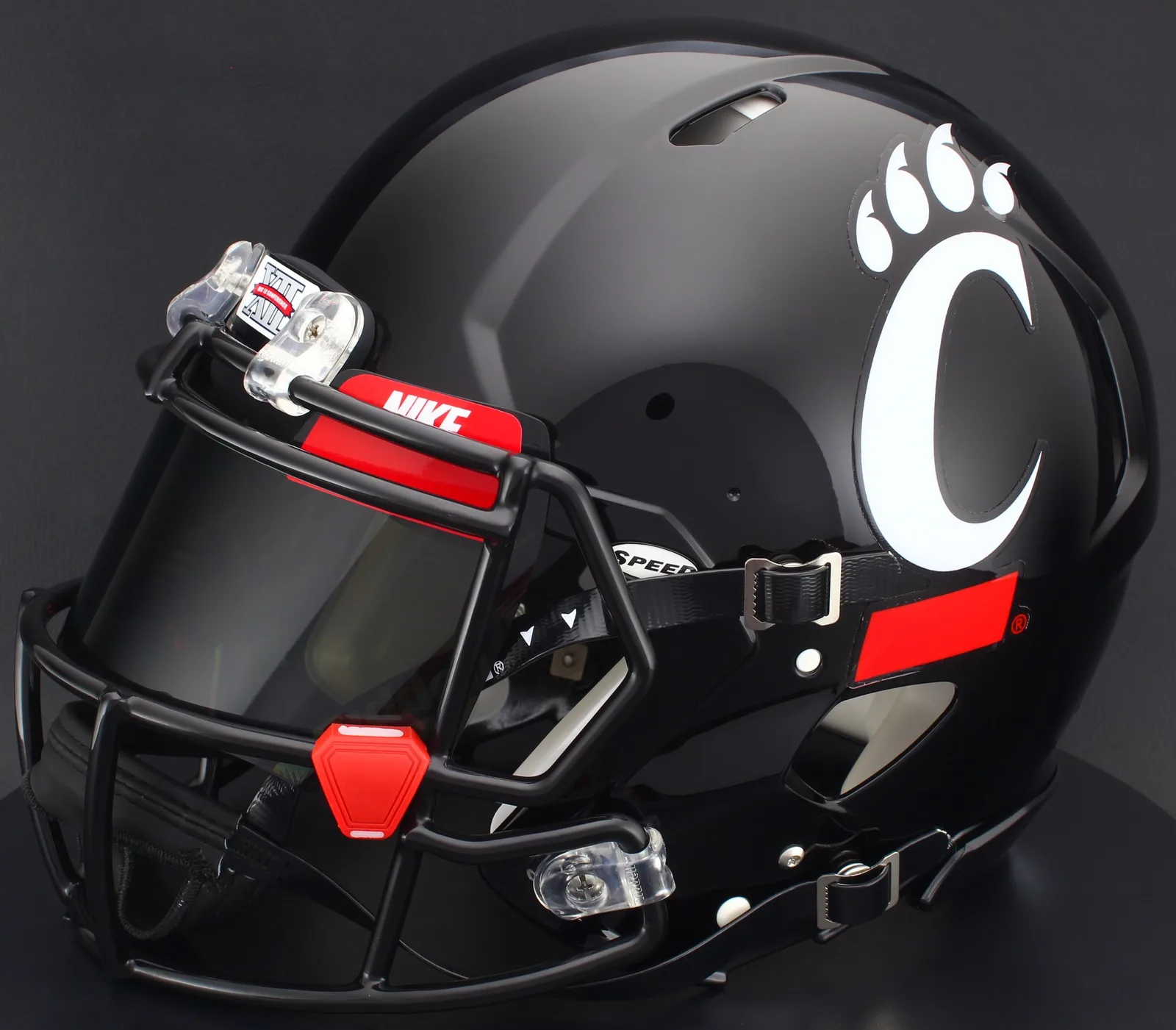Cincinnati Bearcats Riddell Authentic Speed Football Helmet – Black C Paw, Black Factory Mask, Nike Black Visor, Red Brow Tabs, and Red Clips