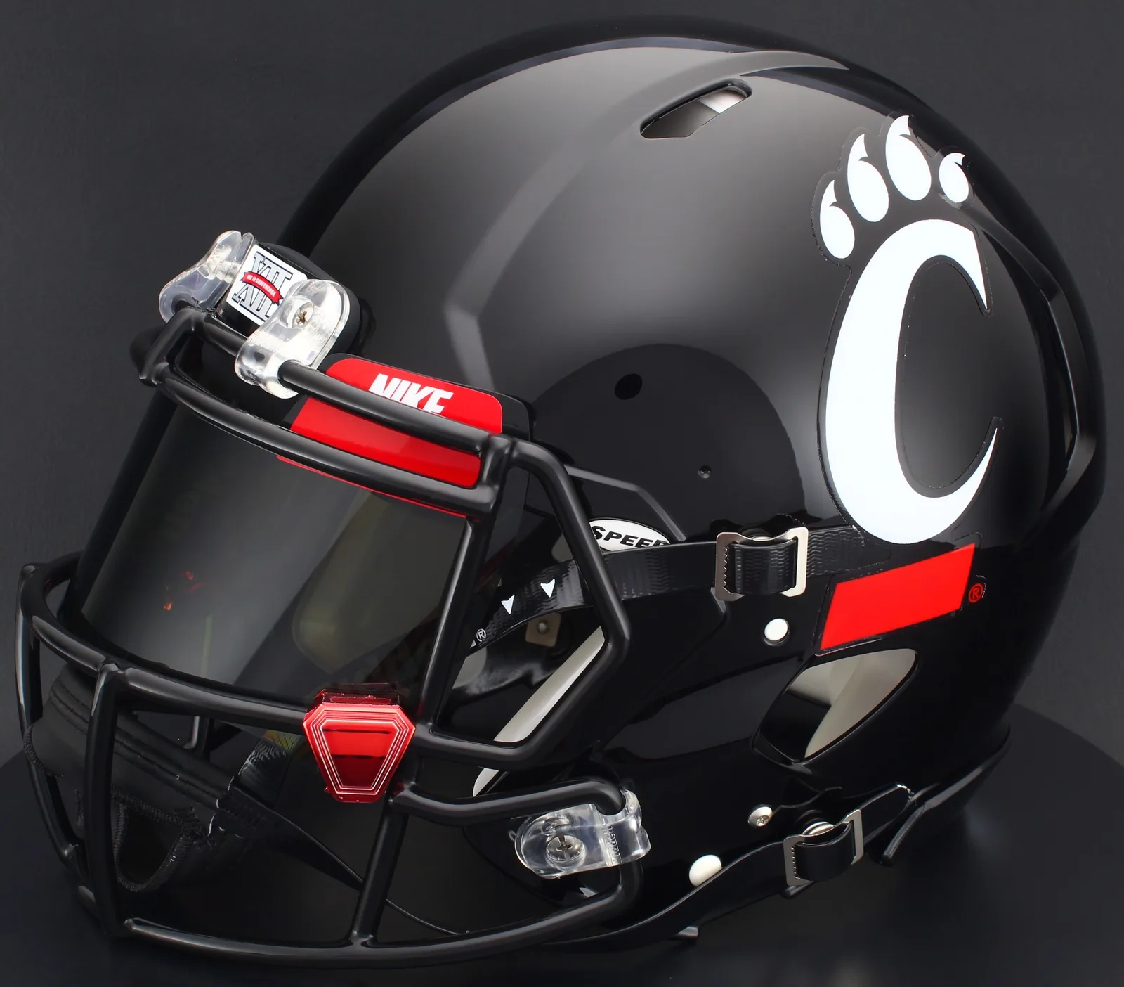 Cincinnati Bearcats Riddell Replica Speed Football Helmet – Black C Paw, Black Factory Mask, Nike Black Visor, Red Brow Tabs, and Red Chrome Clips