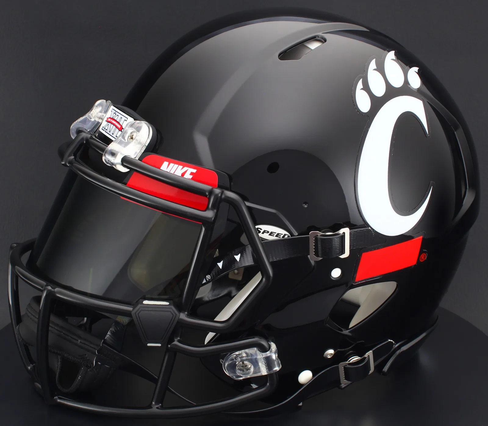 Cincinnati Bearcats Riddell Replica Speed Football Helmet – Black C Paw, Black Factory Mask, Nike Black Visor, Red Brow Tabs, and Black Clips