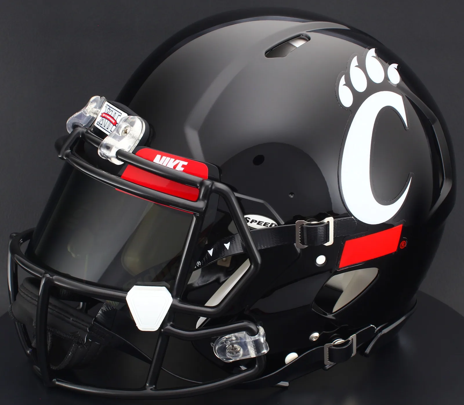 Cincinnati Bearcats Riddell Authentic Speed Football Helmet – Black C Paw, Black Factory Mask, Nike Black Visor, Red Brow Tabs, and White Clips