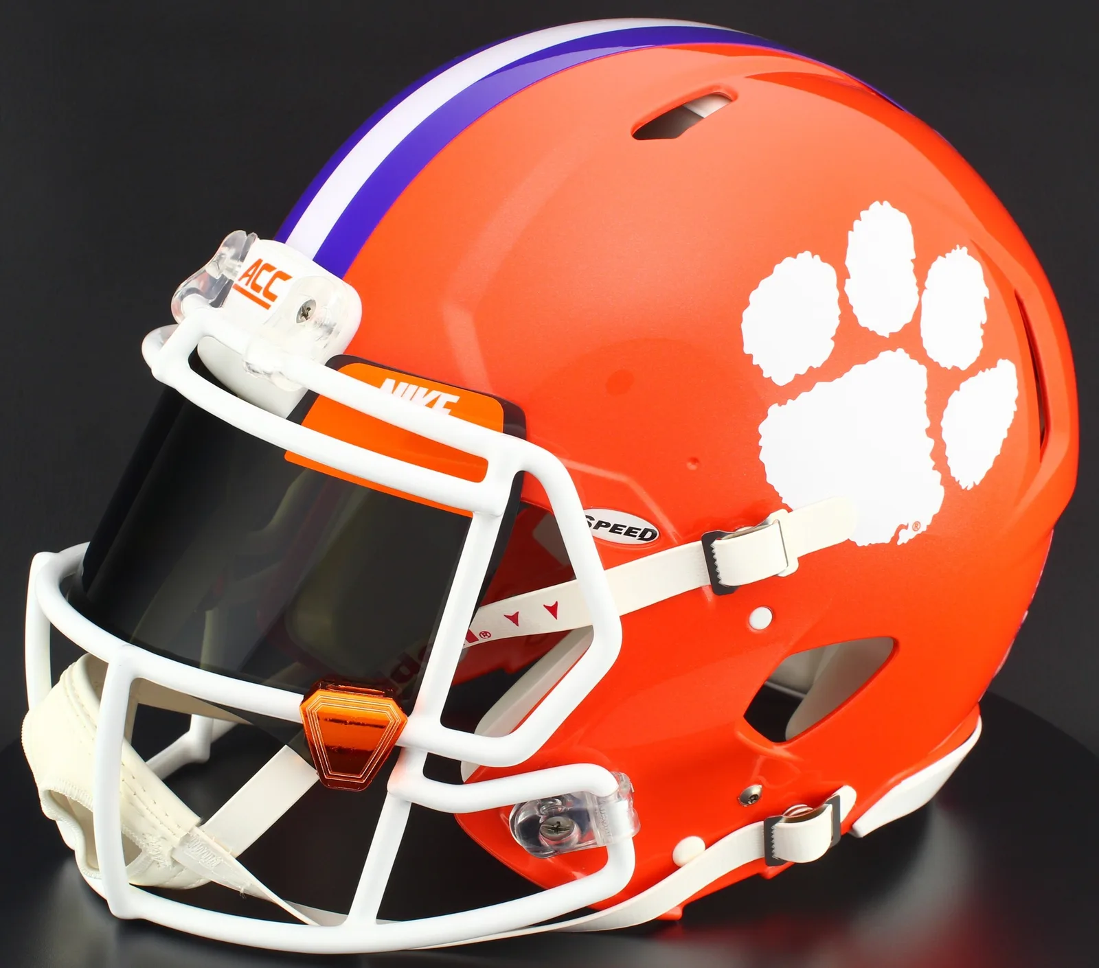 Clemson Tigers Riddell Authentic Speed Football Helmet – White Factory Mask, Nike Black Visor, Dark Orange Brow Tabs, and Orange Chrome Clips
