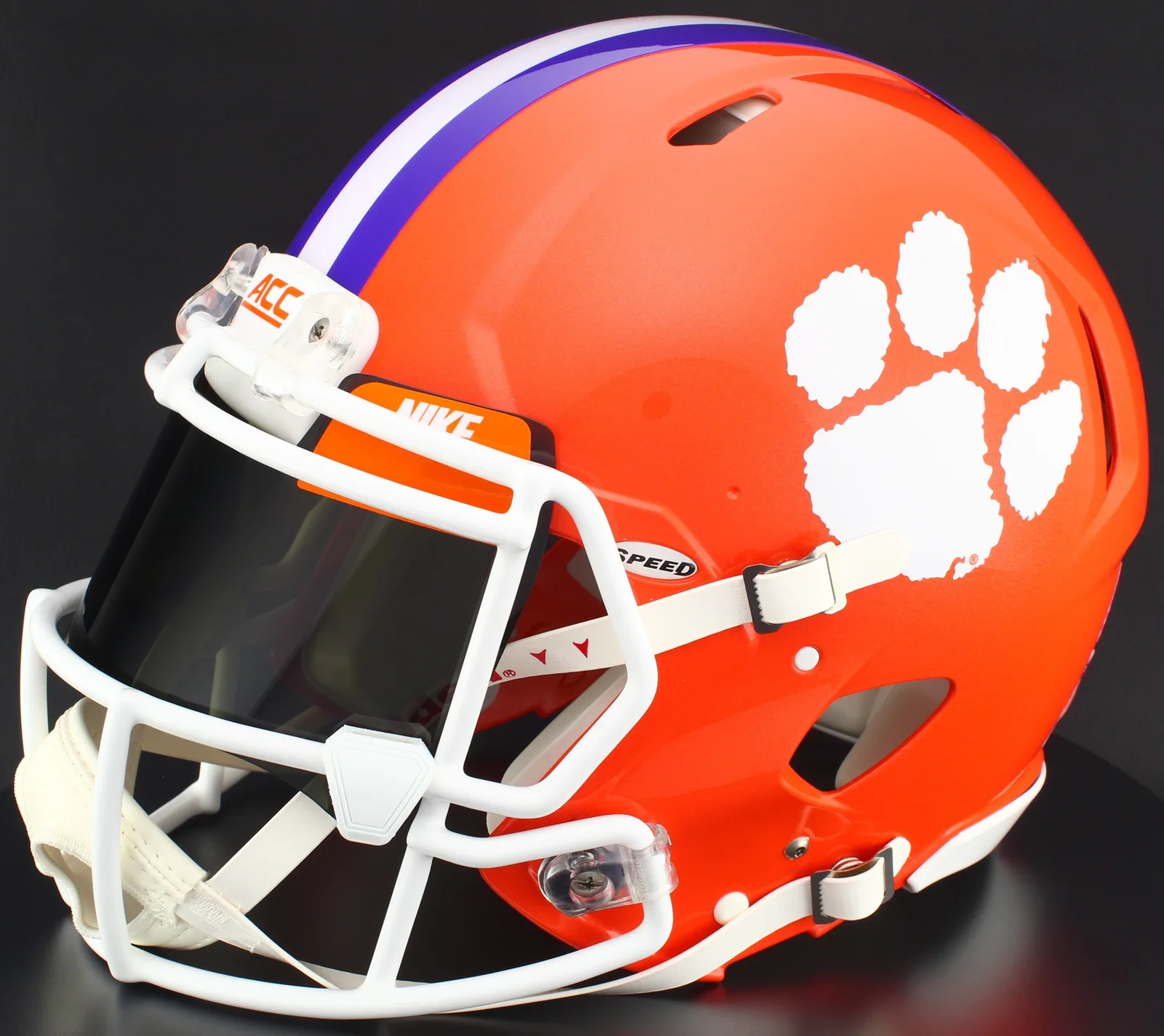 Clemson Tigers Riddell Authentic Speed Football Helmet – White Factory Mask, Nike Black Visor, Dark Orange Brow Tabs, and White Clips