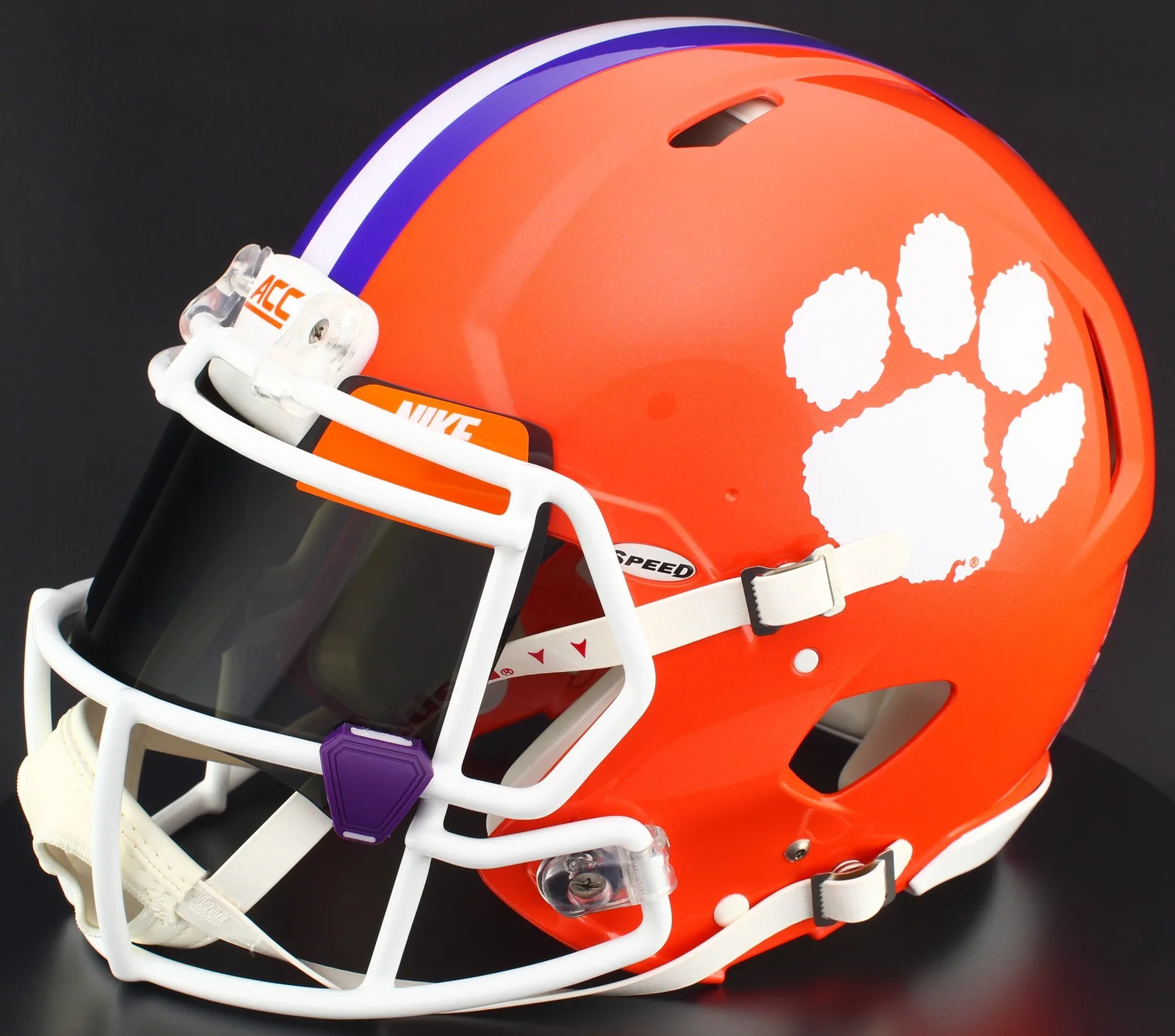 Clemson Tigers Riddell Authentic Speed Football Helmet – White Factory Mask, Nike Black Visor, Dark Orange Brow Tabs, and Purple Clips