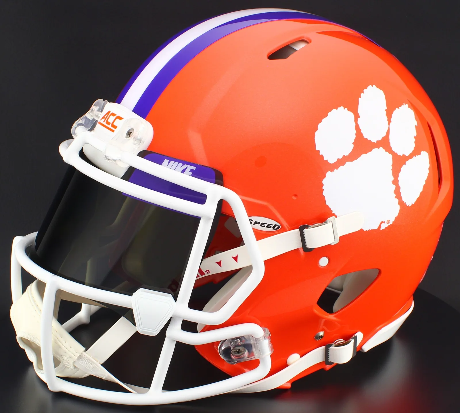 Clemson Tigers Riddell Authentic Speed Football Helmet – White Factory Mask, Nike Black Visor, Purple Brow Tabs, and White Clips