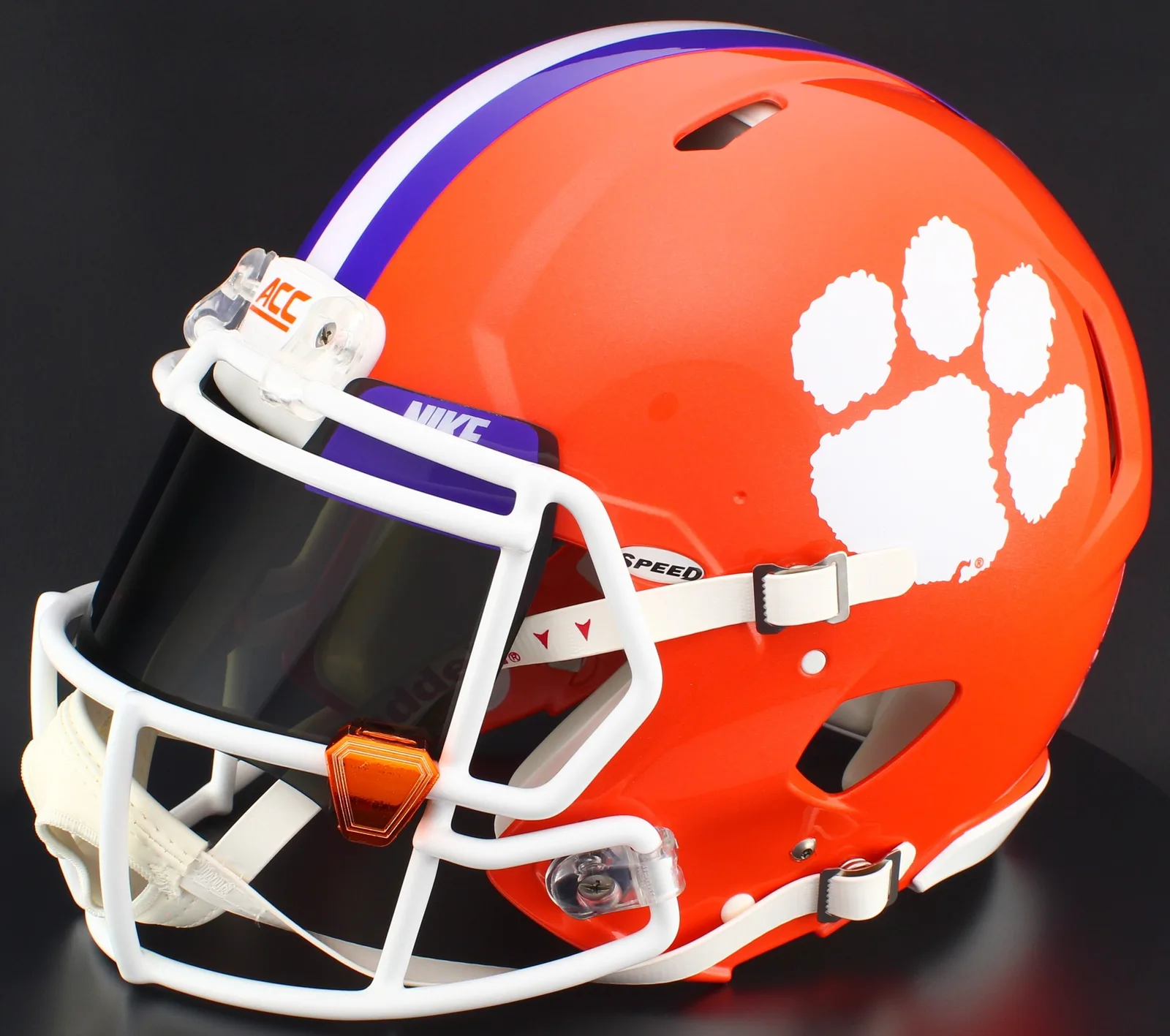 Clemson Tigers Riddell Replica Speed Football Helmet – White Factory Mask, Nike Black Visor, Purple Brow Tabs, and Orange Clips