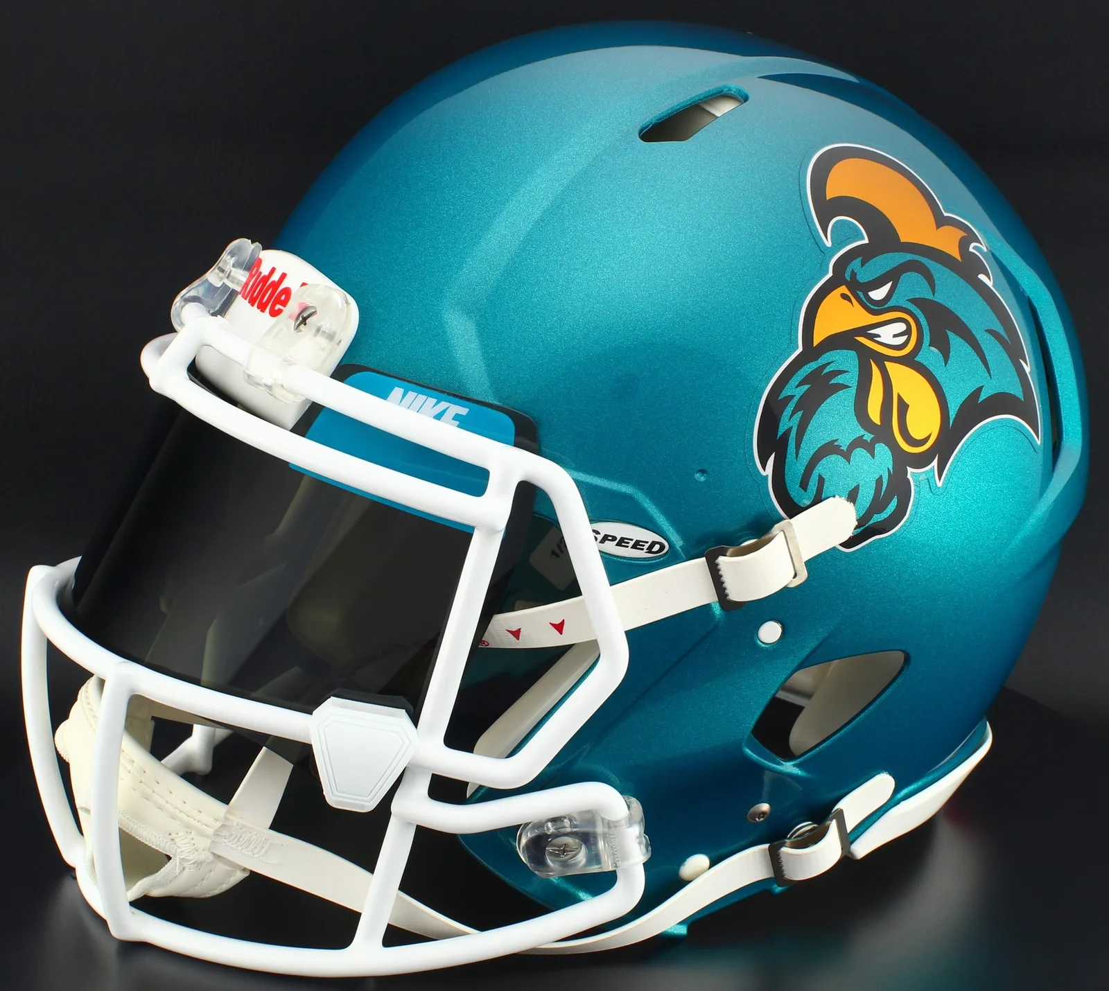 Coastal Carolina Chanticleers Riddell Authentic Speed Football Helmet – Teal Chanticleer, White Factory Mask, Nike Black Visor, Jaguars Teal Brow Tabs, and White Clips