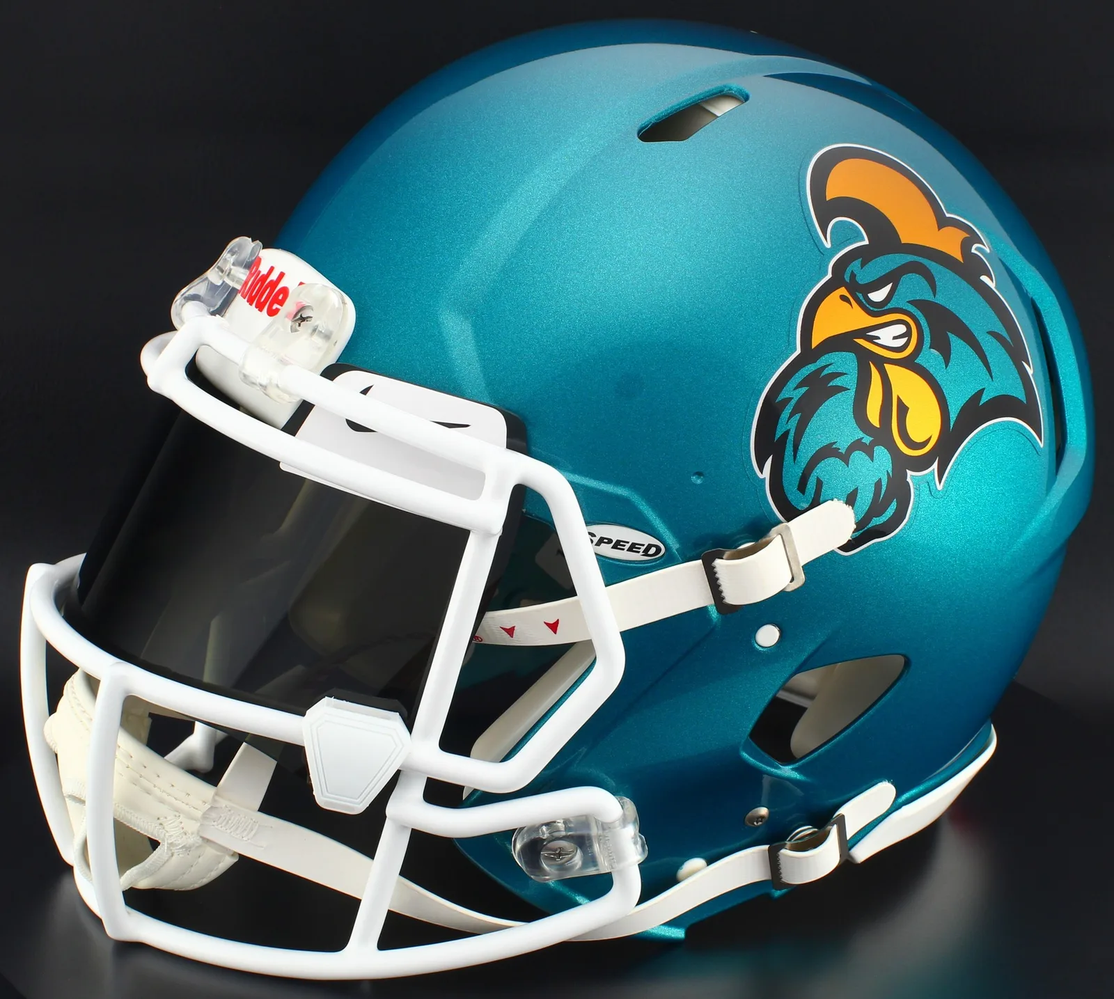 Coastal Carolina Chanticleers Riddell Authentic Speed Football Helmet – Teal Chanticleer, White Factory Mask, Nike Black Visor, White Brow Tabs, and White Clips