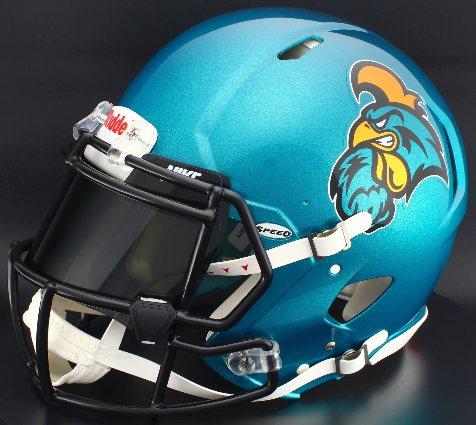 Coastal Carolina Chanticleers Riddell Authentic Speed Football Helmet – Teal Chanticleer, White Factory Mask, Nike Black Visor, Black Brow Tabs, and Black Clips