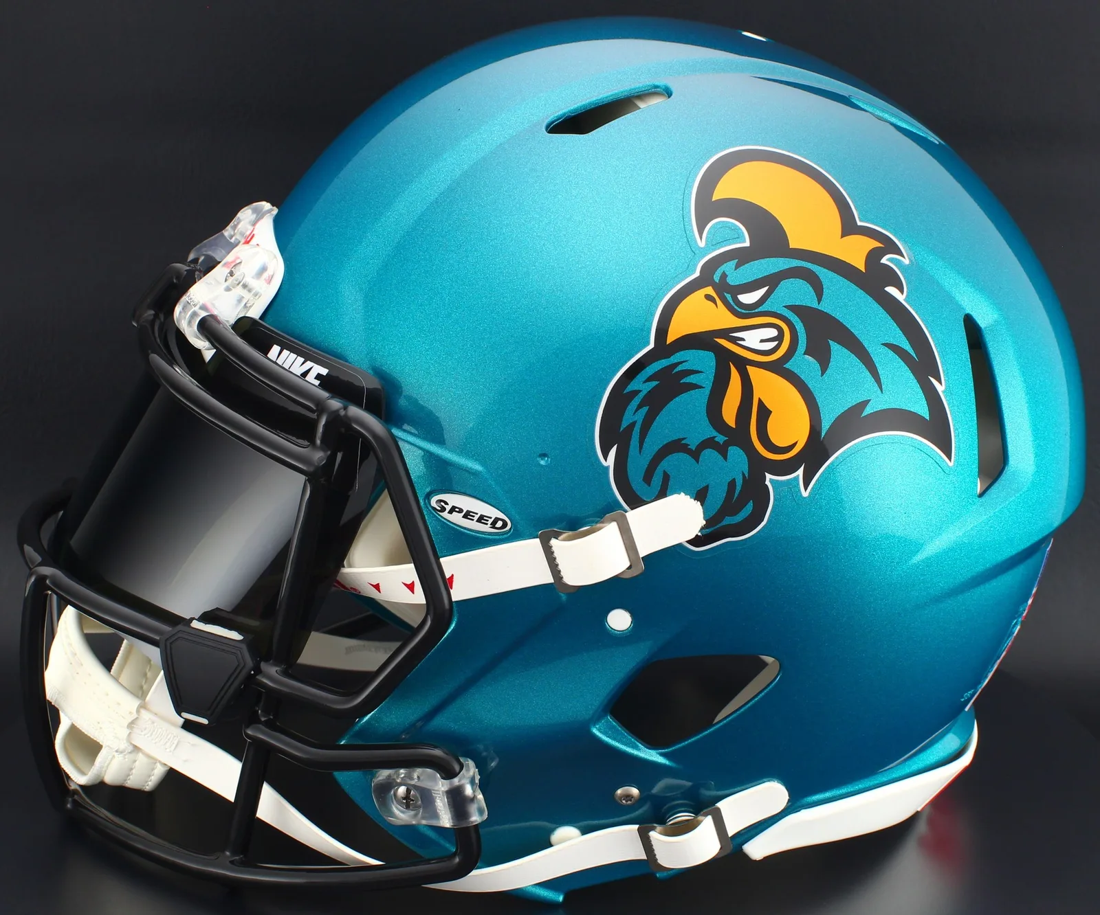 Coastal Carolina Chanticleers Riddell Replica Speed Football Helmet – Teal Chanticleer, White Factory Mask, Nike Black Visor, Black Brow Tabs, and Black Clips