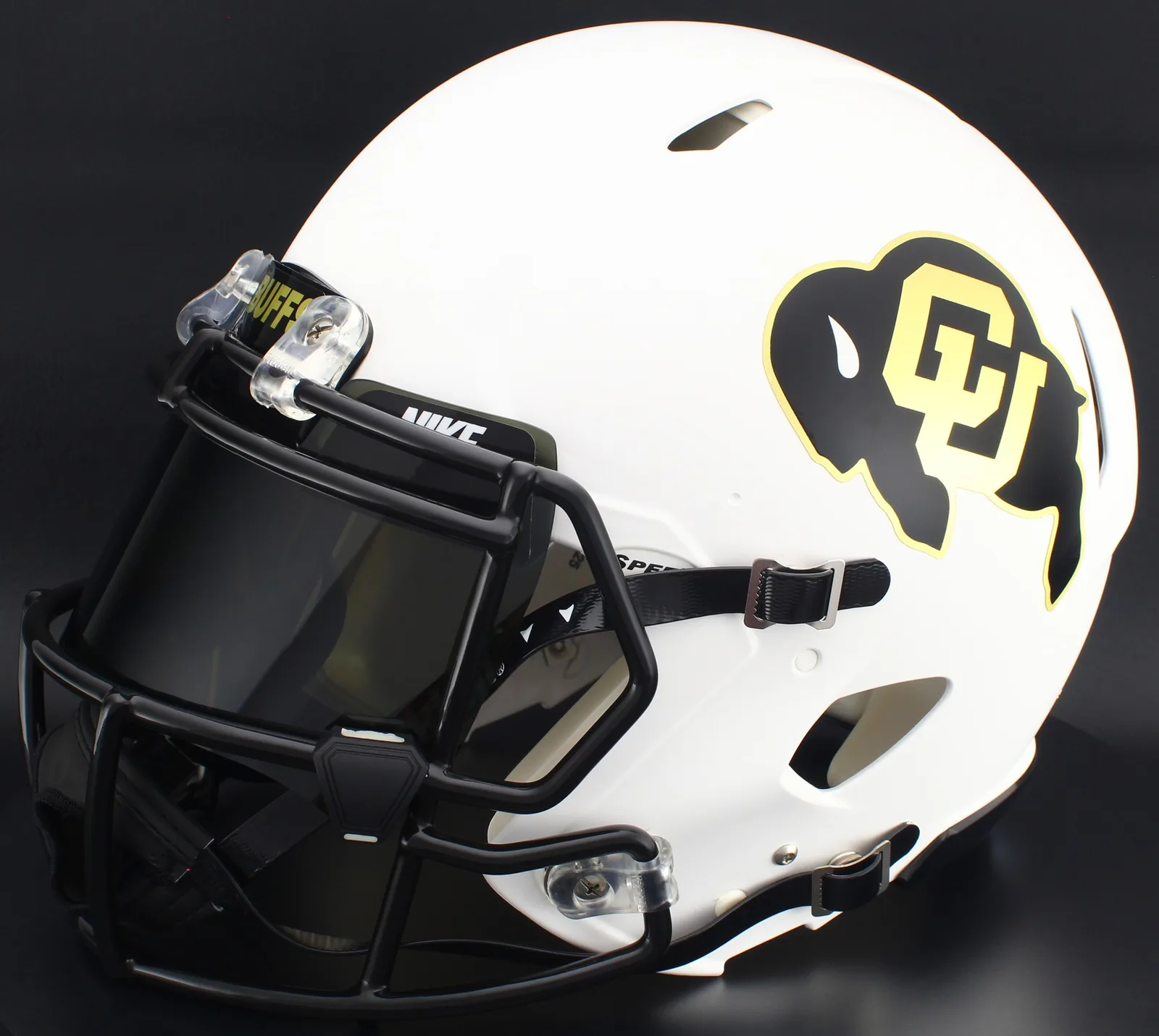 Colorado Buffaloes Riddell Authentic Speed Football Helmet – Matte White, Black Factory Mask, Nike Black Visor, Black Brow Tabs, and Black Clips