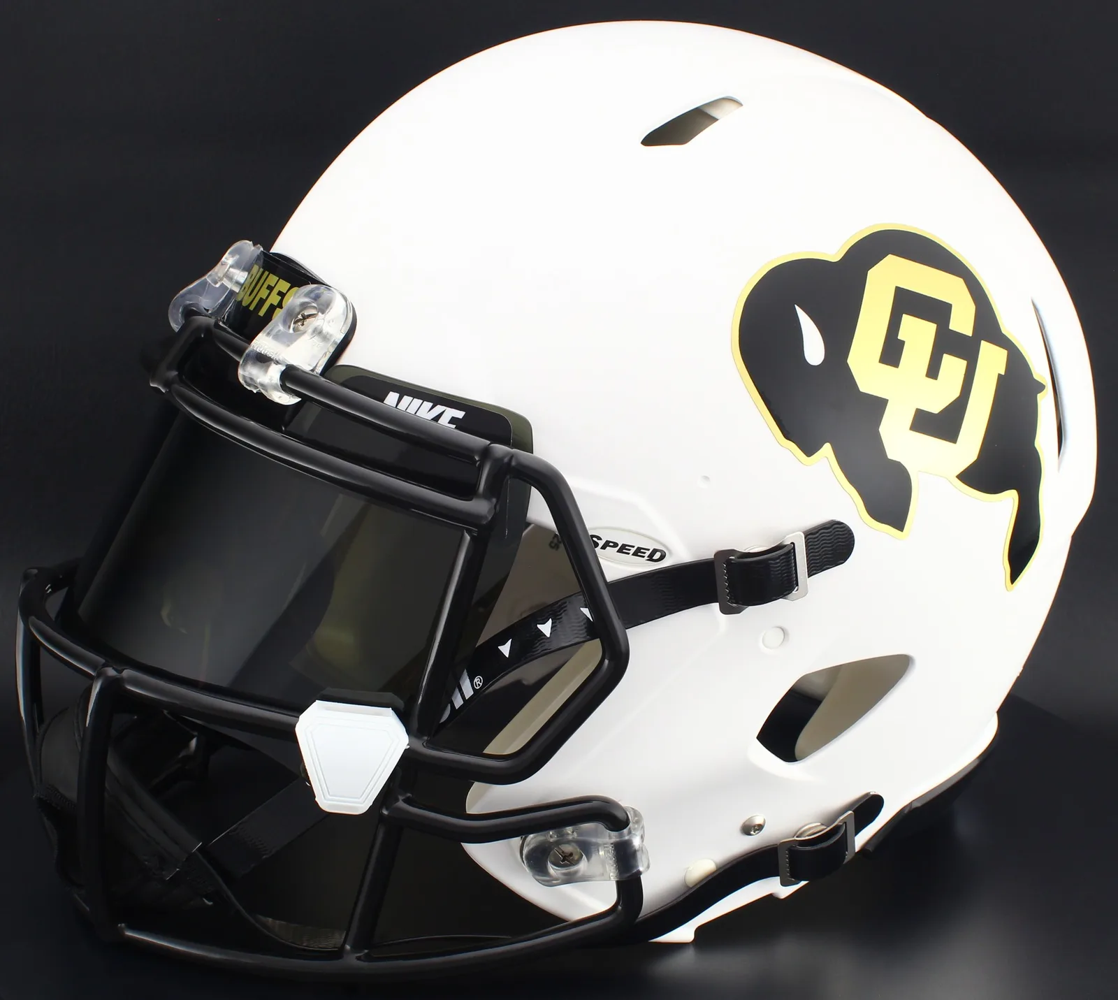 Colorado Buffaloes Riddell Replica Speed Football Helmet – Matte White, Black Factory Mask, Nike Black Visor, Black Brow Tabs, and White Clips