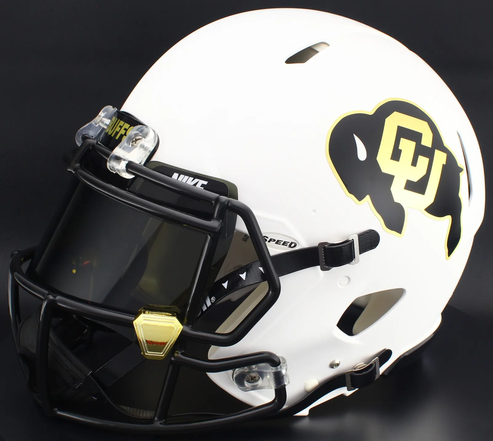 Colorado Buffaloes Riddell Authentic Speed Football Helmet – Matte White, Black Factory Mask, Nike Black Visor, Black Brow Tabs, and Gold Chrome Clips