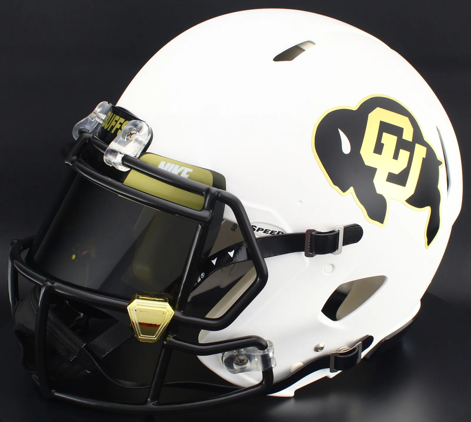 Colorado Buffaloes Riddell Authentic Speed Football Helmet – Matte White, Black Factory Mask, Nike Black Visor, Vegas Gold Brow Tabs, and Gold Chrome Clips