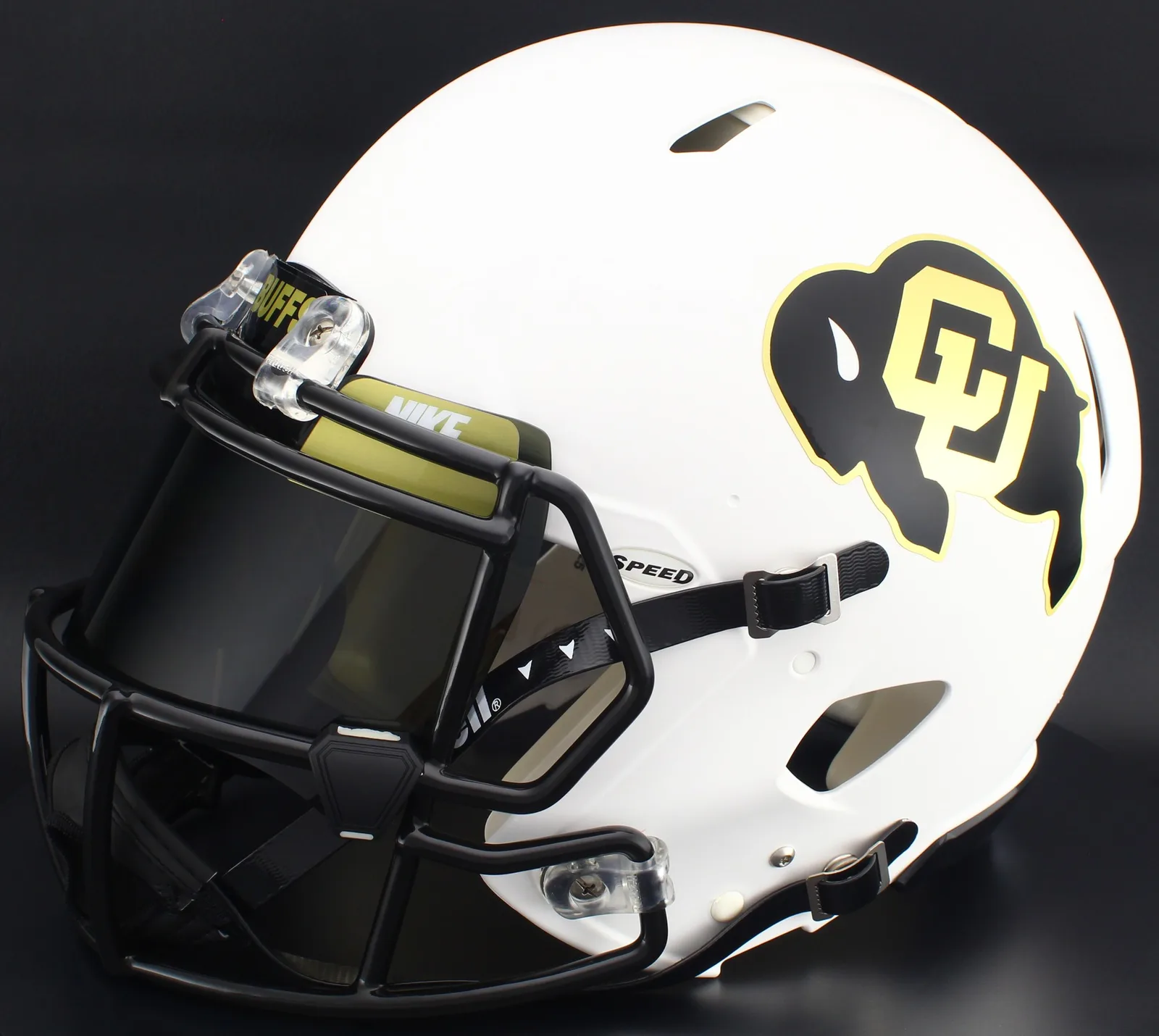 Colorado Buffaloes Riddell Authentic Speed Football Helmet – Matte White, Black Factory Mask, Nike Black Visor, Vegas Gold Brow Tabs, and Black Clips
