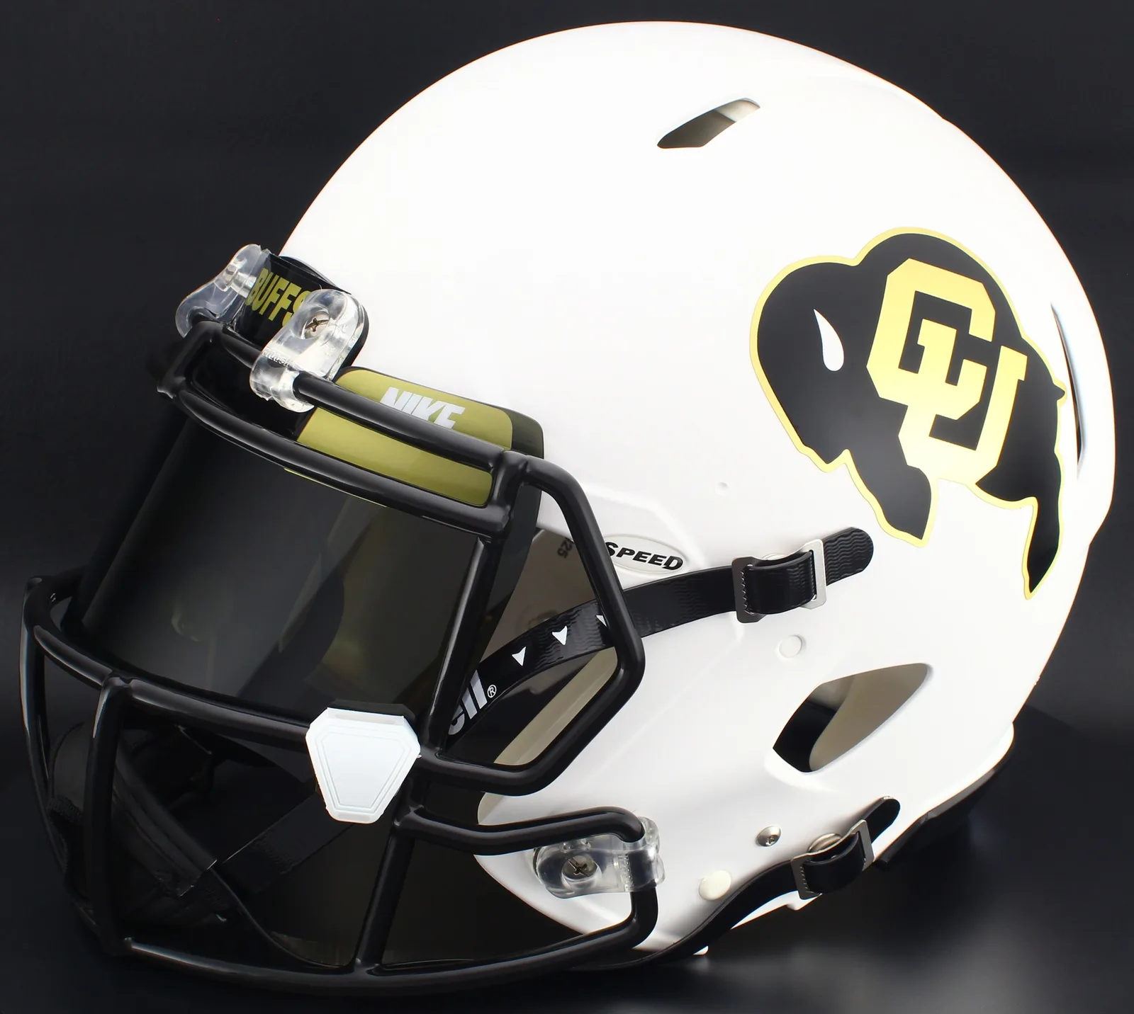 Colorado Buffaloes Riddell Replica Speed Football Helmet – Matte White, Black Factory Mask, Nike Black Visor, Vegas Gold Brow Tabs, and White Clips