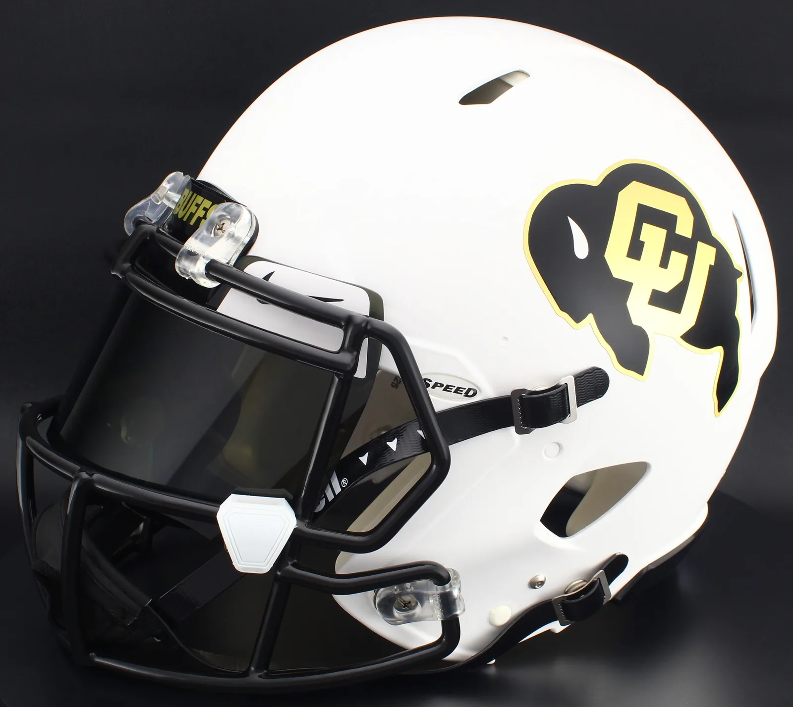 Colorado Buffaloes Riddell Replica Speed Football Helmet – Matte White, Black Factory Mask, Nike Black Visor, White Brow Tabs, and White Clips