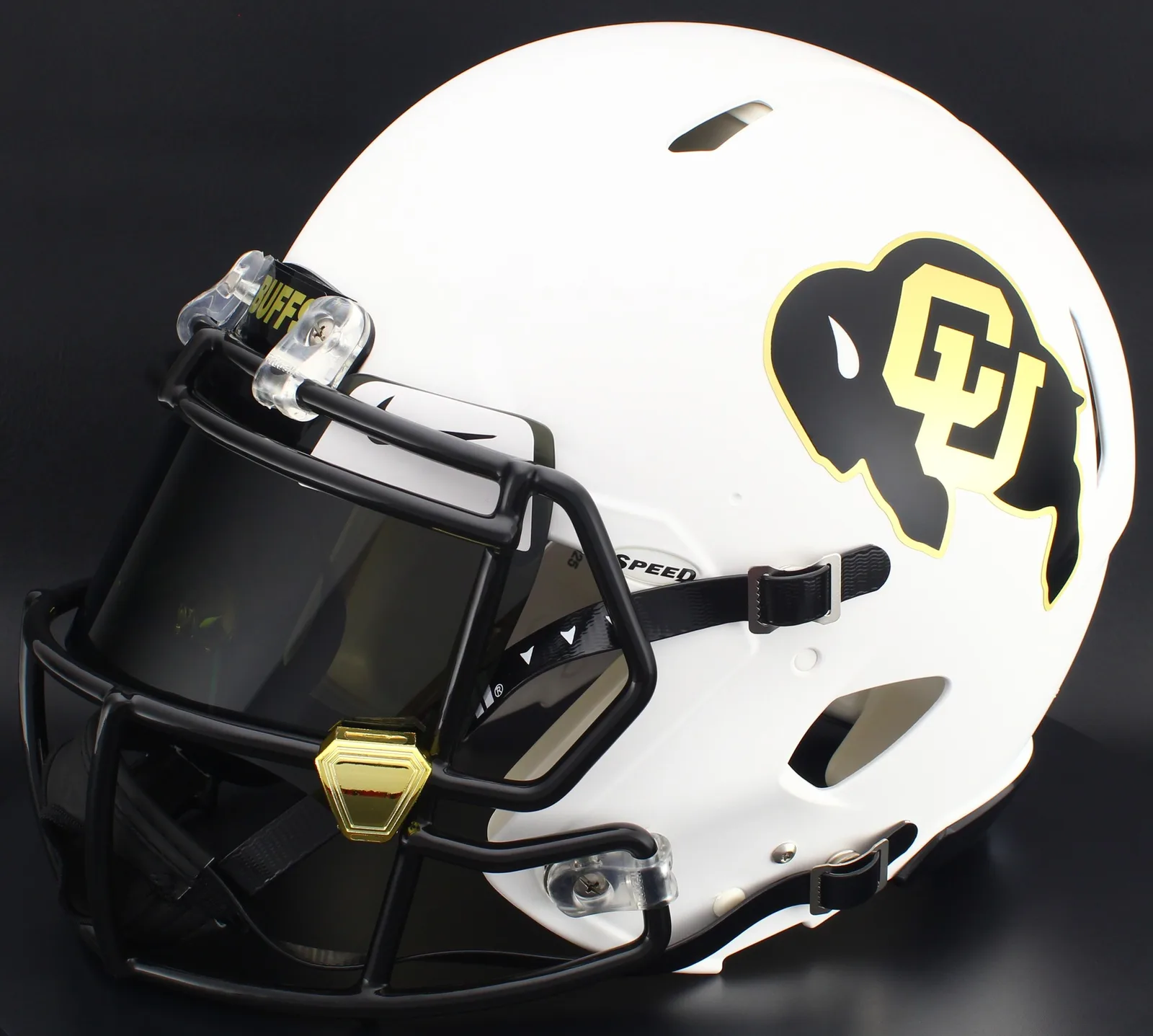 Colorado Buffaloes Riddell Authentic Speed Football Helmet – Matte White, Black Factory Mask, Nike Black Visor, White Brow Tabs, and Gold Chrome Clips