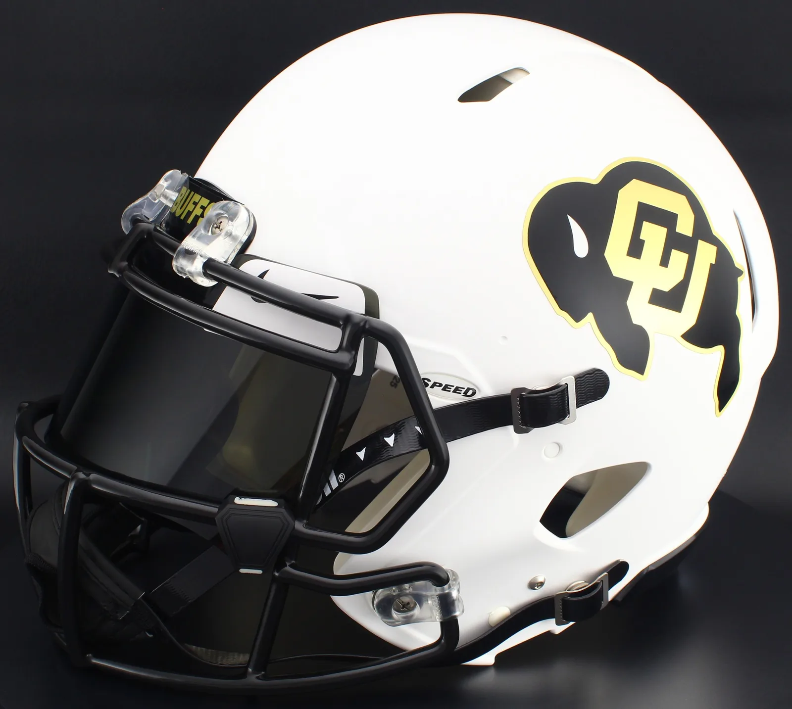 Colorado Buffaloes Riddell Replica Speed Football Helmet – Matte White, Black Factory Mask, Nike Black Visor, White Brow Tabs, and Black Clips